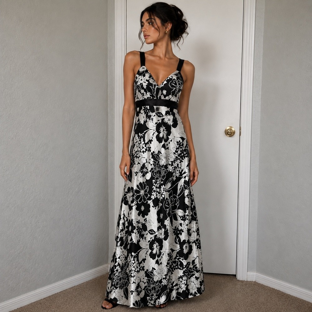 J.R. Nites by Caliendo Black White Floral Satin Maxi Gown Dress Vintage Style